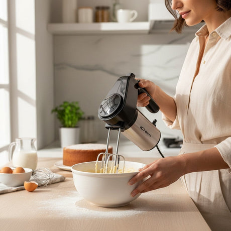 Taghareed CONTI HM 30002 BS 300W hand mixer with 6 speeds + Turbo, chrome beaters and hooks, mixing batter in a bowl.