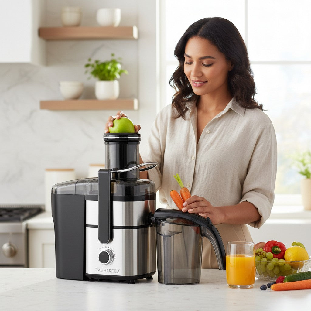 Taghareed CONTI 1000W juice extractor with 2 speeds and 1.25L capacity, stainless steel and black finish.