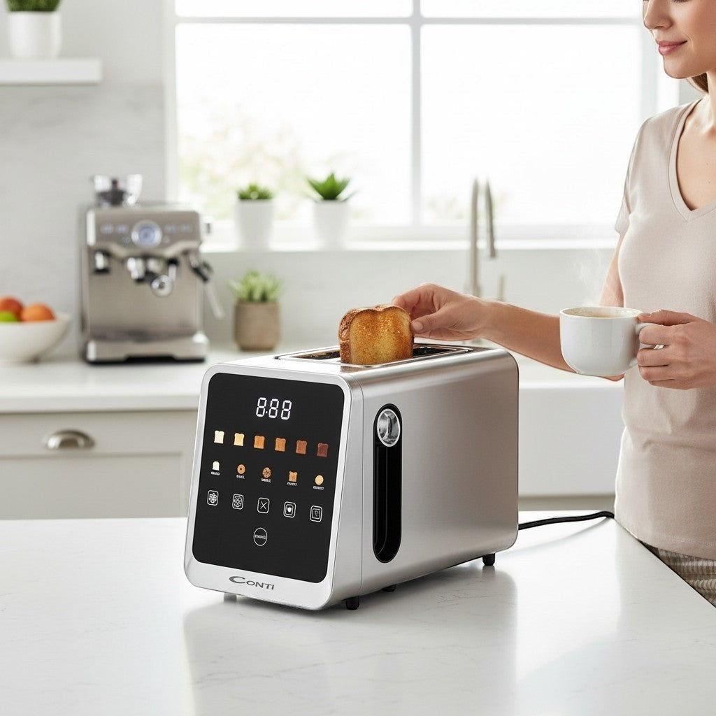 Taghareed CONTI TA 28001 S 850W 2-slice stainless steel toaster with digital LED display and 6 browning settings.