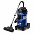 Taghareed CONTI 3200W blue metal drum vacuum cleaner with 29L capacity, telescopic aluminum wand, and large floor brush.