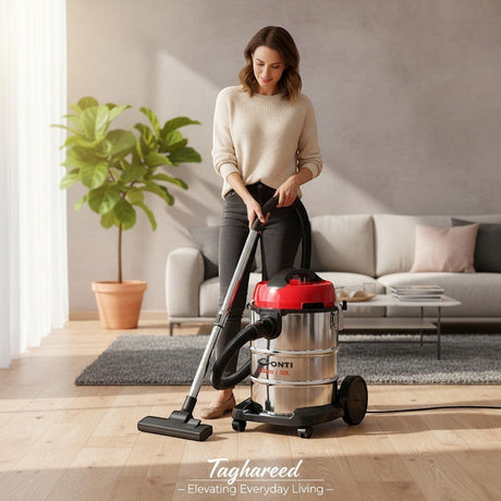 Taghareed CONTI 2200W Wet & Dry vacuum cleaner with 30L stainless steel body and red top.