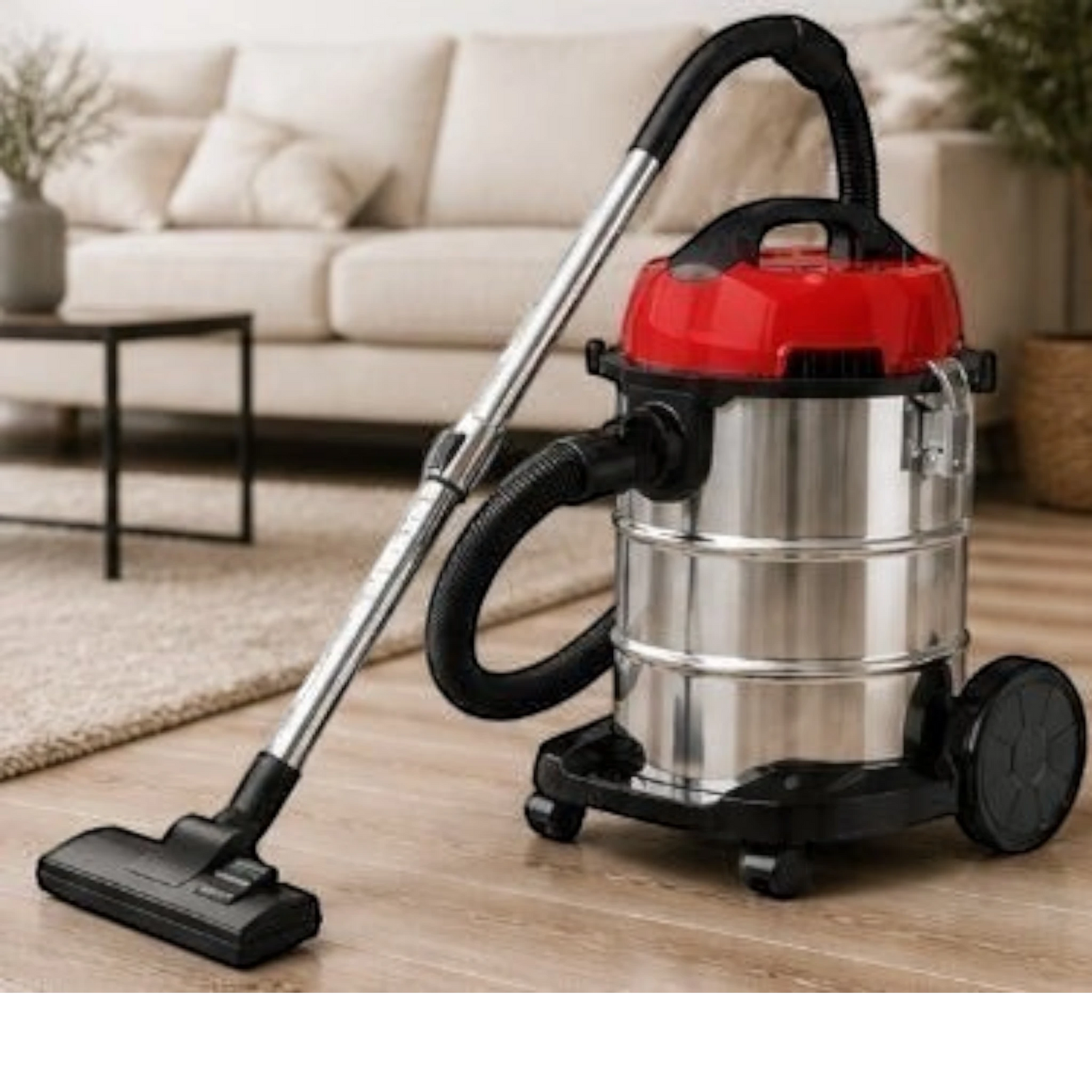 Taghareed CONTI 2200W Wet & Dry vacuum cleaner with stainless steel body and red top, 30L capacity, on wheels.