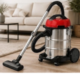Taghareed CONTI 2200W Wet & Dry vacuum cleaner with stainless steel body and red top, 30L capacity, on wheels.