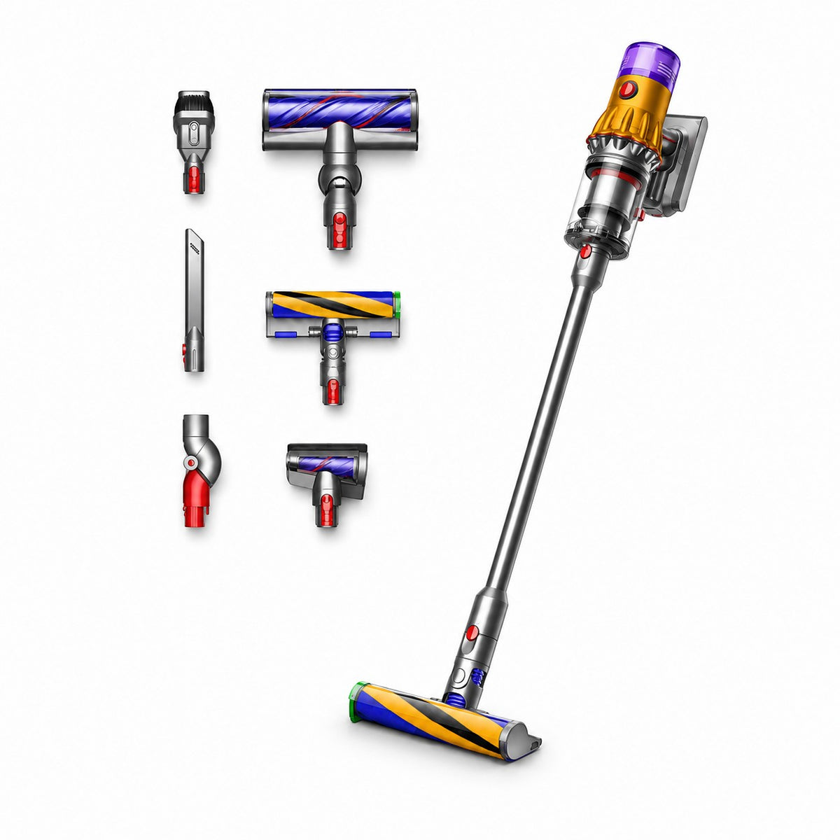 Taghareed cordless stick vacuum cleaner with multiple attachments including brush heads and crevice tool. Silver, purple, and yellow.