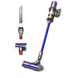Taghareed cordless vacuum cleaner with blue wand, silver body, and multiple attachments. Ideal for deep cleaning.