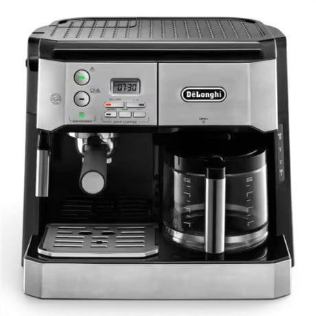 Taghareed De'Longhi BCO431.S silver and black combination coffee machine with espresso maker and drip coffee carafe.