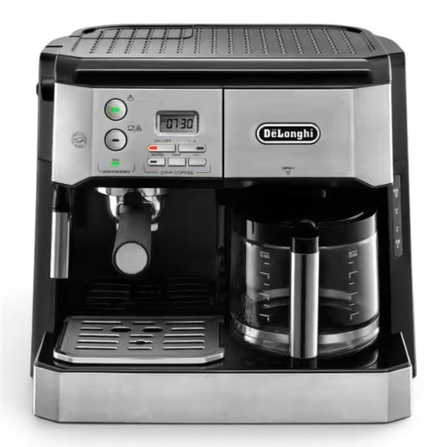 Taghareed De'Longhi BCO431.S silver and black combination coffee machine with espresso maker and drip coffee carafe.