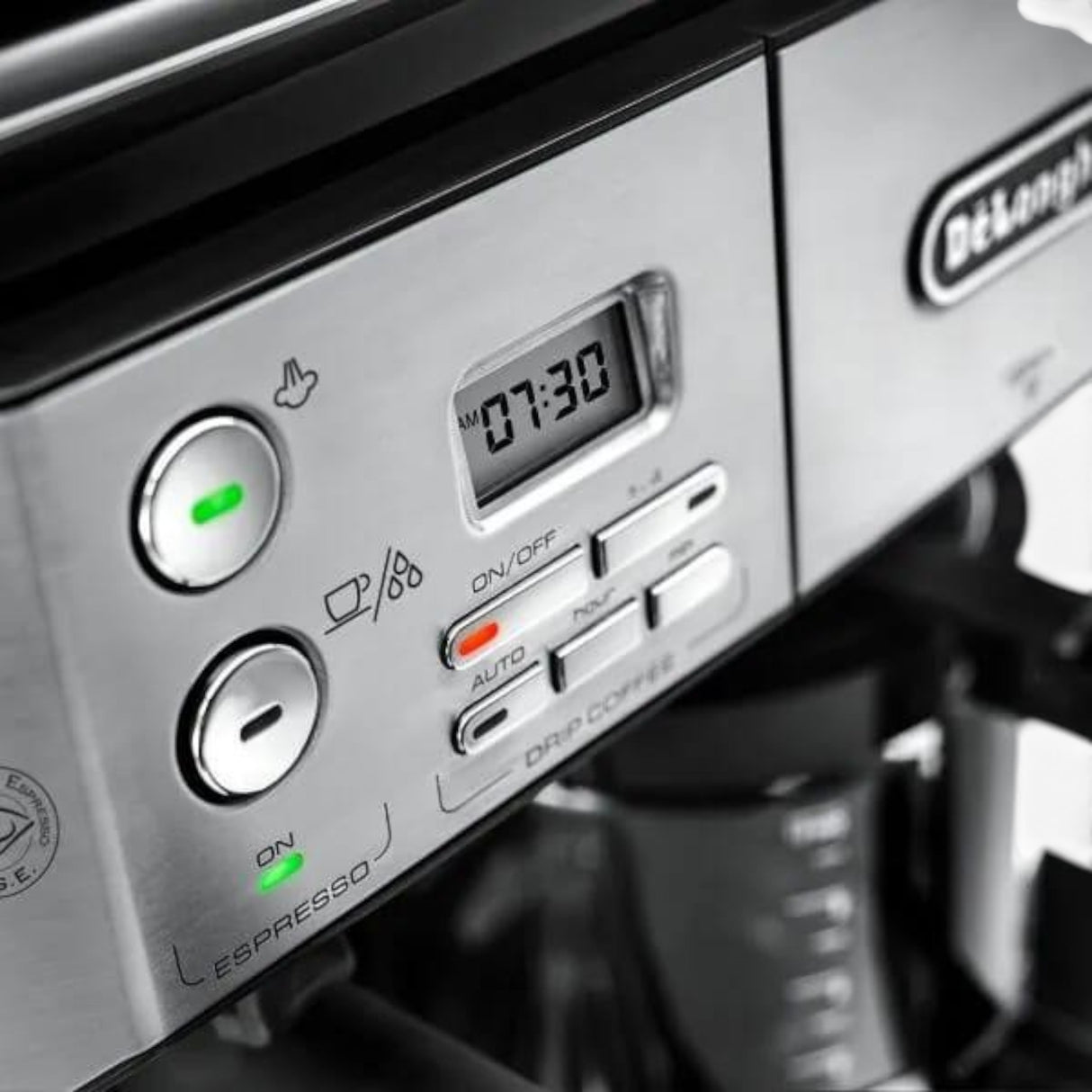 Taghareed De'Longhi BCO431.S silver and black combination coffee machine with digital display and control buttons.