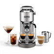 Taghareed De'Longhi Dedica Duo stainless steel espresso machine with advanced steam wand, making espresso, cold brew, and lattes.
