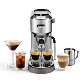 Taghareed De'Longhi Dedica Duo stainless steel espresso machine with advanced steam wand, making espresso, cold brew, and lattes.