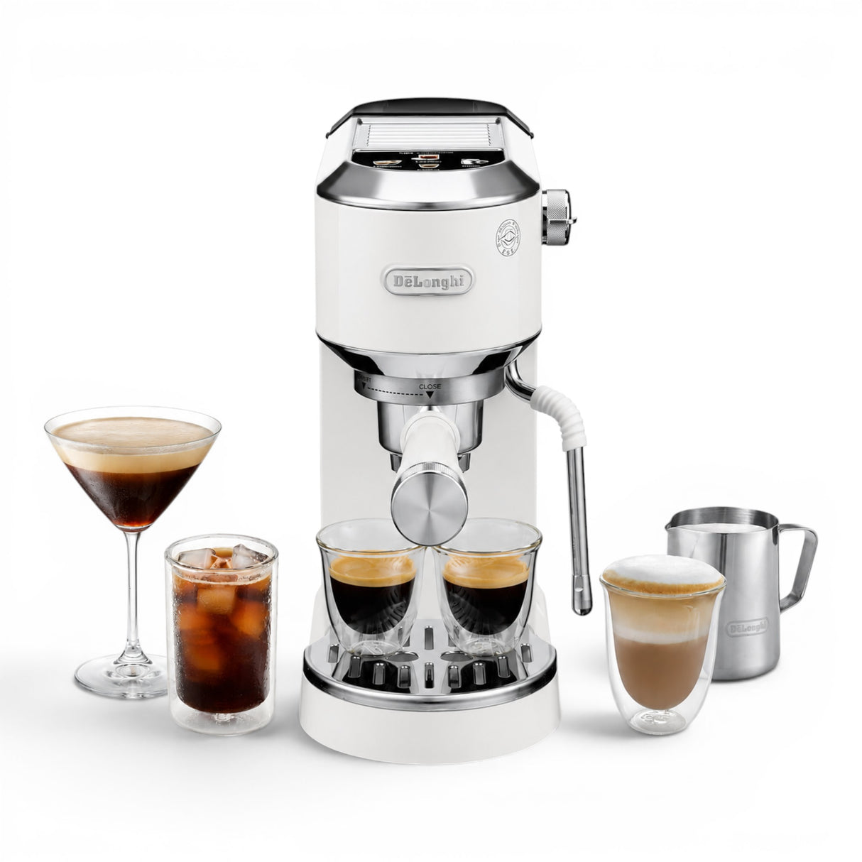 Taghareed De'Longhi Dedica Duo espresso machine in white stainless steel, with steam wand and accessories, making cold brew and espresso.