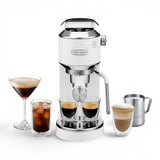 Taghareed De'Longhi Dedica Duo espresso machine in white stainless steel, with steam wand and accessories, making cold brew and espresso.