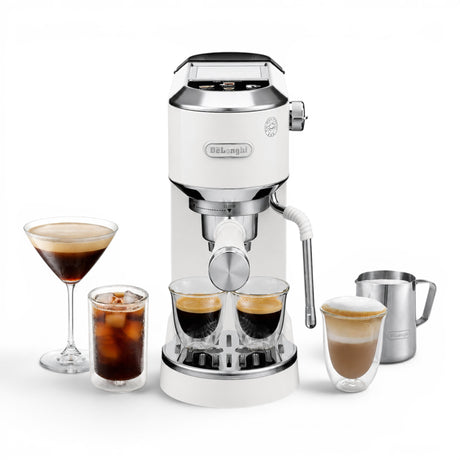 Taghareed De'Longhi Dedica Duo espresso machine in white stainless steel, with steam wand and accessories, making cold brew and espresso.