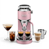 Taghareed De'Longhi Dedica Duo espresso machine in pink stainless steel, with cold brew and latte drinks.