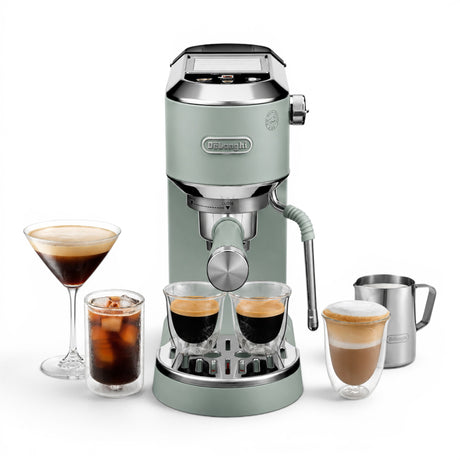 Taghareed De'Longhi Dedica Duo espresso machine in sage green, with stainless steel accents, featuring a steam wand and serving espresso, cold brew, and latte.