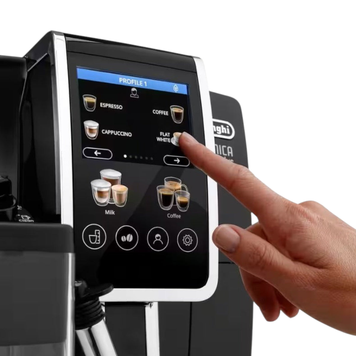 Taghareed De'Longhi Dinamica Plus fully automatic coffee machine with touch screen selecting flat white.