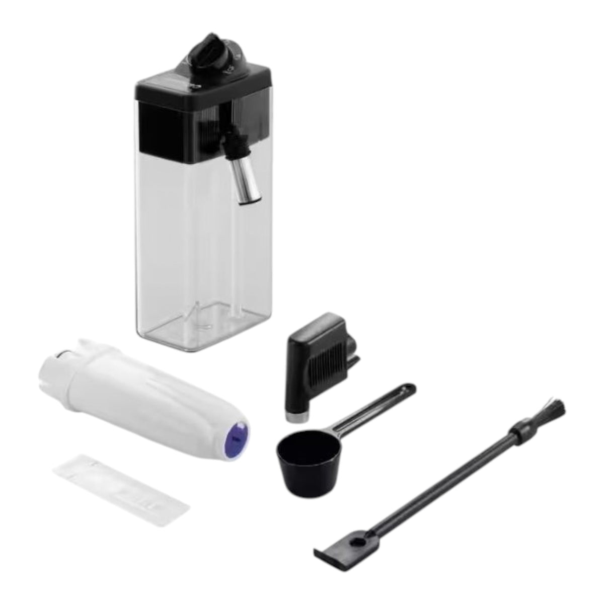 Taghareed De'Longhi Dinamica Plus coffee machine accessories: water tank, filter, scoop, and cleaning brush.
