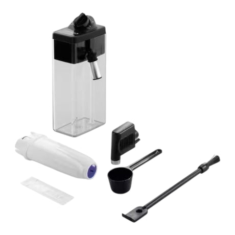 Taghareed De'Longhi Dinamica Plus coffee machine accessories: water tank, filter, scoop, and cleaning brush.