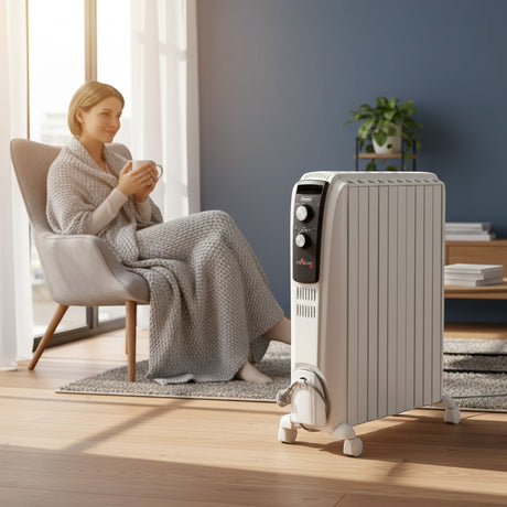 Taghareed De'Longhi Dragon 4 oil filled radiator, white, 6 fins, 1500W, with adjustable thermostat and safety features.