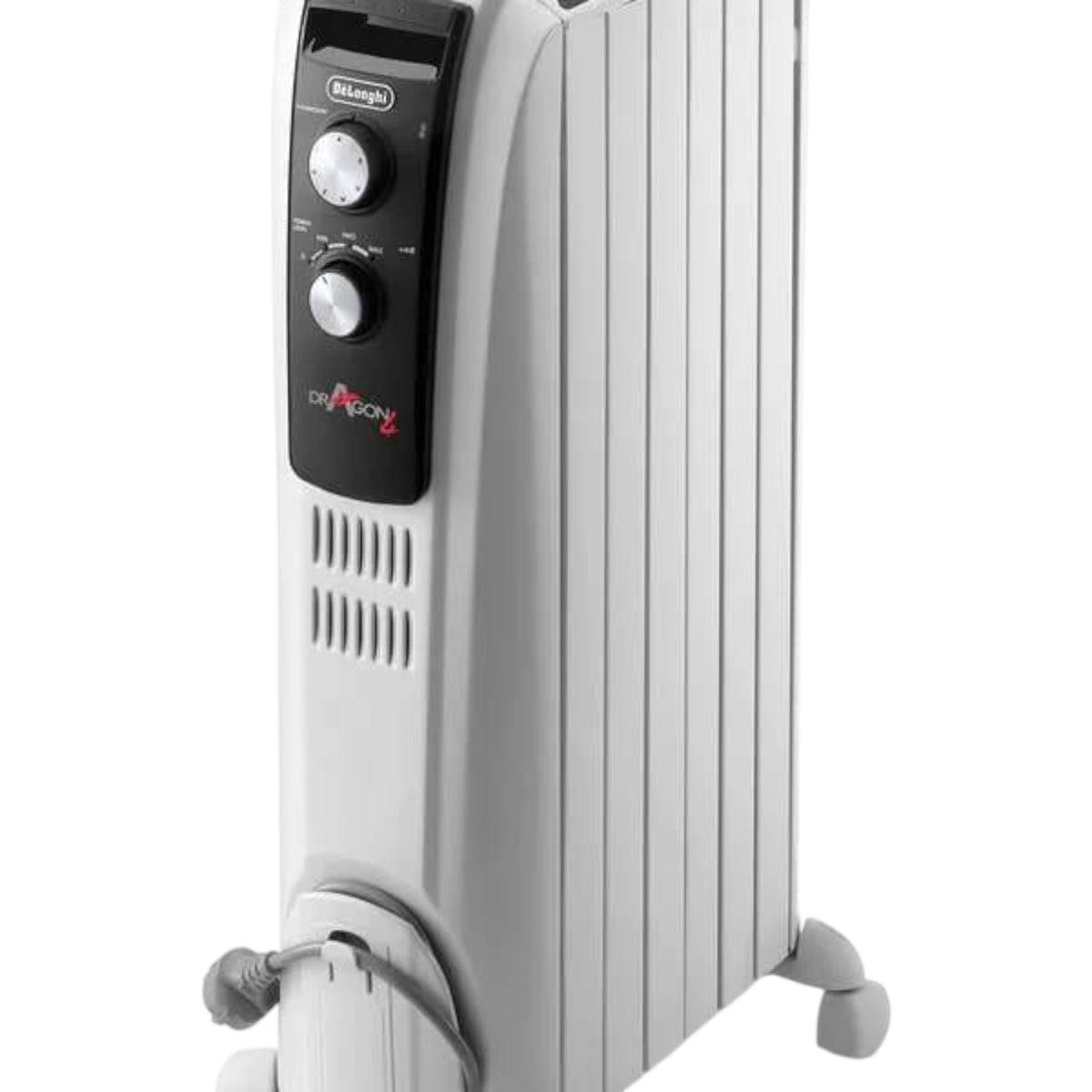 Taghareed De'Longhi Dragon 4 white 6-fin oil-filled radiator with adjustable thermostat and wheels.