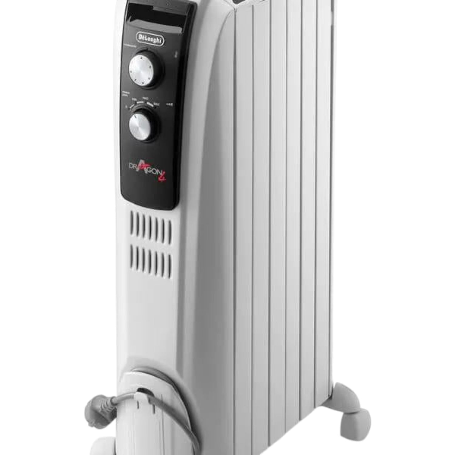 Taghareed De'Longhi Dragon 4 white 6-fin oil-filled radiator with adjustable thermostat and wheels.