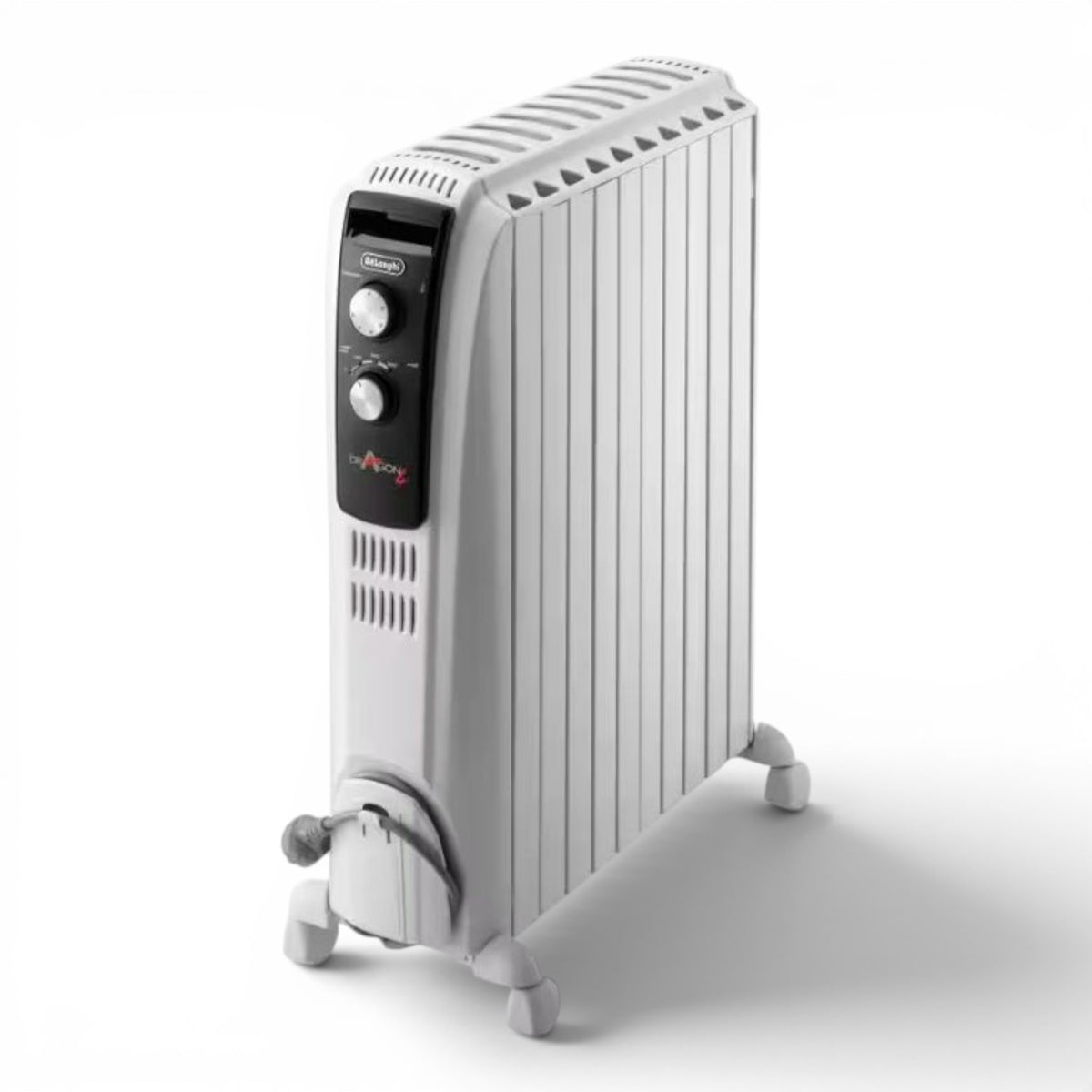 Taghareed De'Longhi Dragon 4 oil-filled radiator with 6 fins, 1500W, adjustable thermostat, and wheels. White.