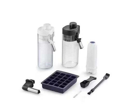 Taghareed De’Longhi Eletta Explore coffee machine accessories including milk carafes, ice cube tray, and cleaning tools.