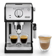 Taghareed De'Longhi ECP 35.31 espresso machine with stainless steel accents, brewing two espressos and a cappuccino.