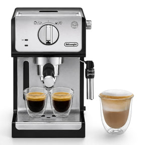 Taghareed De'Longhi ECP 35.31 espresso machine with stainless steel accents, brewing two espressos and a cappuccino.