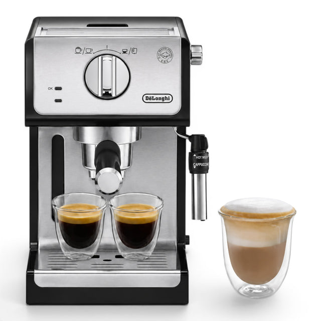 Taghareed De'Longhi ECP 35.31 espresso machine with stainless steel accents, brewing two espressos and a cappuccino.