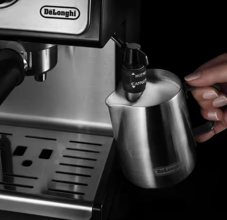Taghareed De'Longhi ECP 35.31 espresso machine with stainless steel milk frothing pitcher and steam wand.