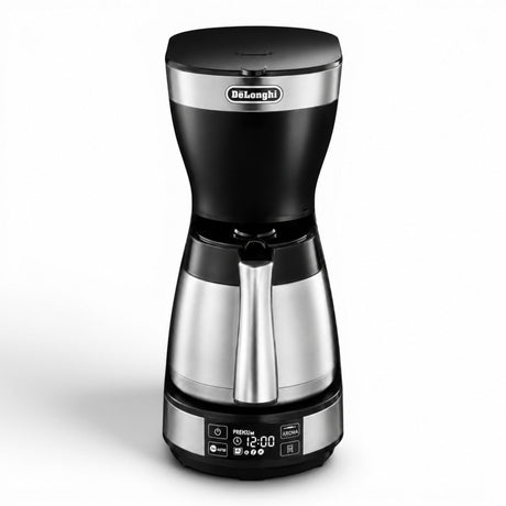 Taghareed De'Longhi ICM16731 black and stainless steel filter coffee maker with thermal carafe and LCD display.