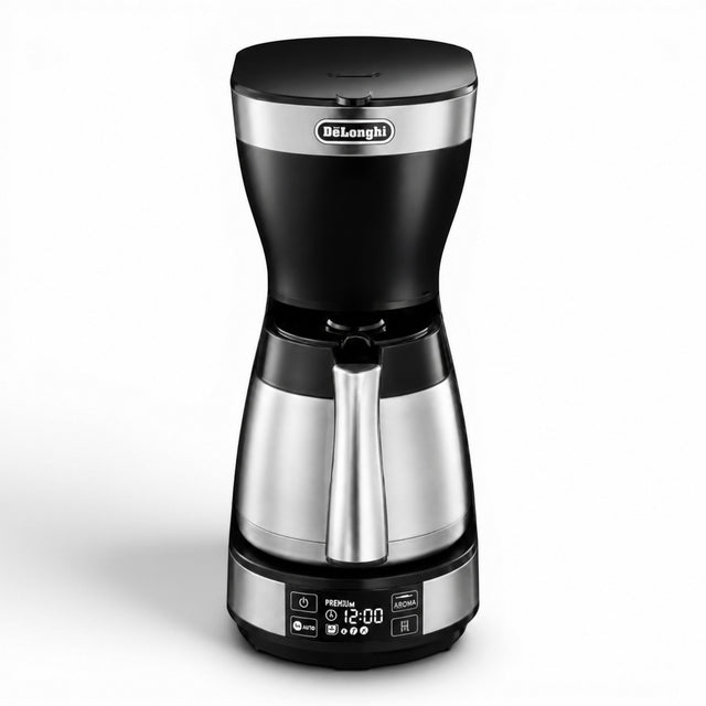 Taghareed De'Longhi ICM16731 black and stainless steel filter coffee maker with thermal carafe and LCD display.