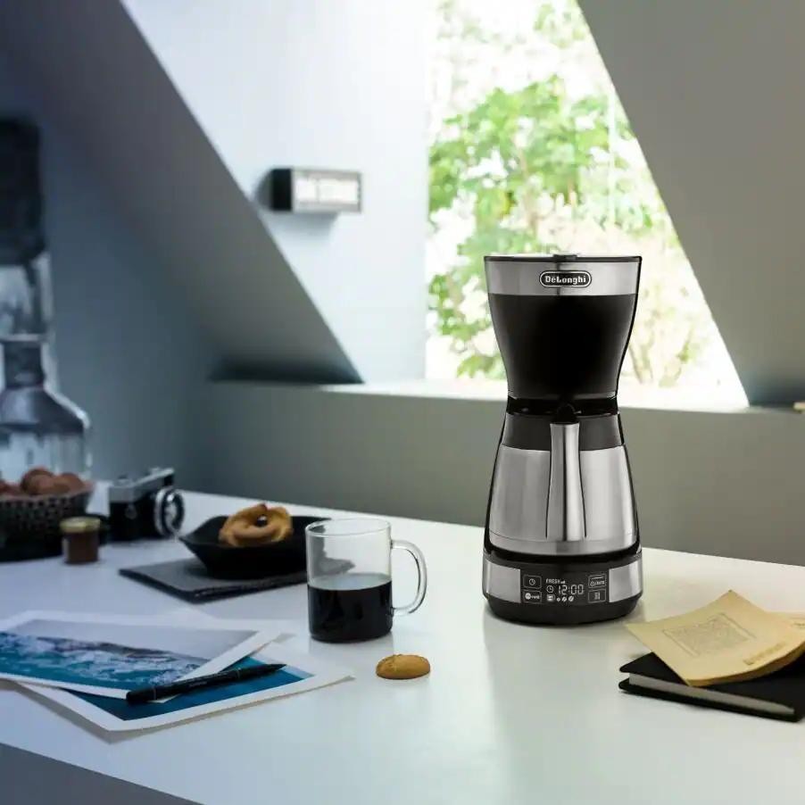 Taghareed De'Longhi ICM16731 filter coffee maker with thermal carafe and LCD display, stainless steel and black