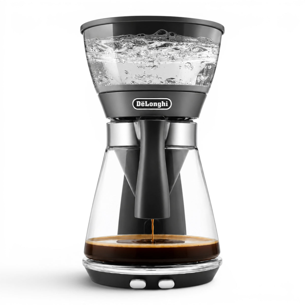 Taghareed De'Longhi ICM17210 black glass filter coffee maker with 1.25L carafe, brewing coffee.