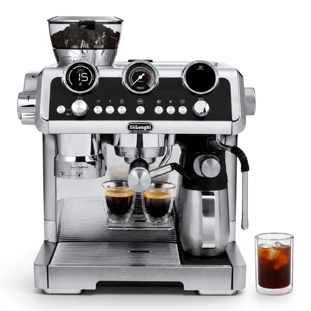 Taghareed De'Longhi La Specialista Maestro espresso machine in chrome and black, with grinder, pressure gauge, and two espresso cups.