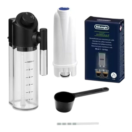 Taghareed De'Longhi Magnifica Evo coffee machine accessories: milk carafe, water filter, descaler box, scoop, and test strip.