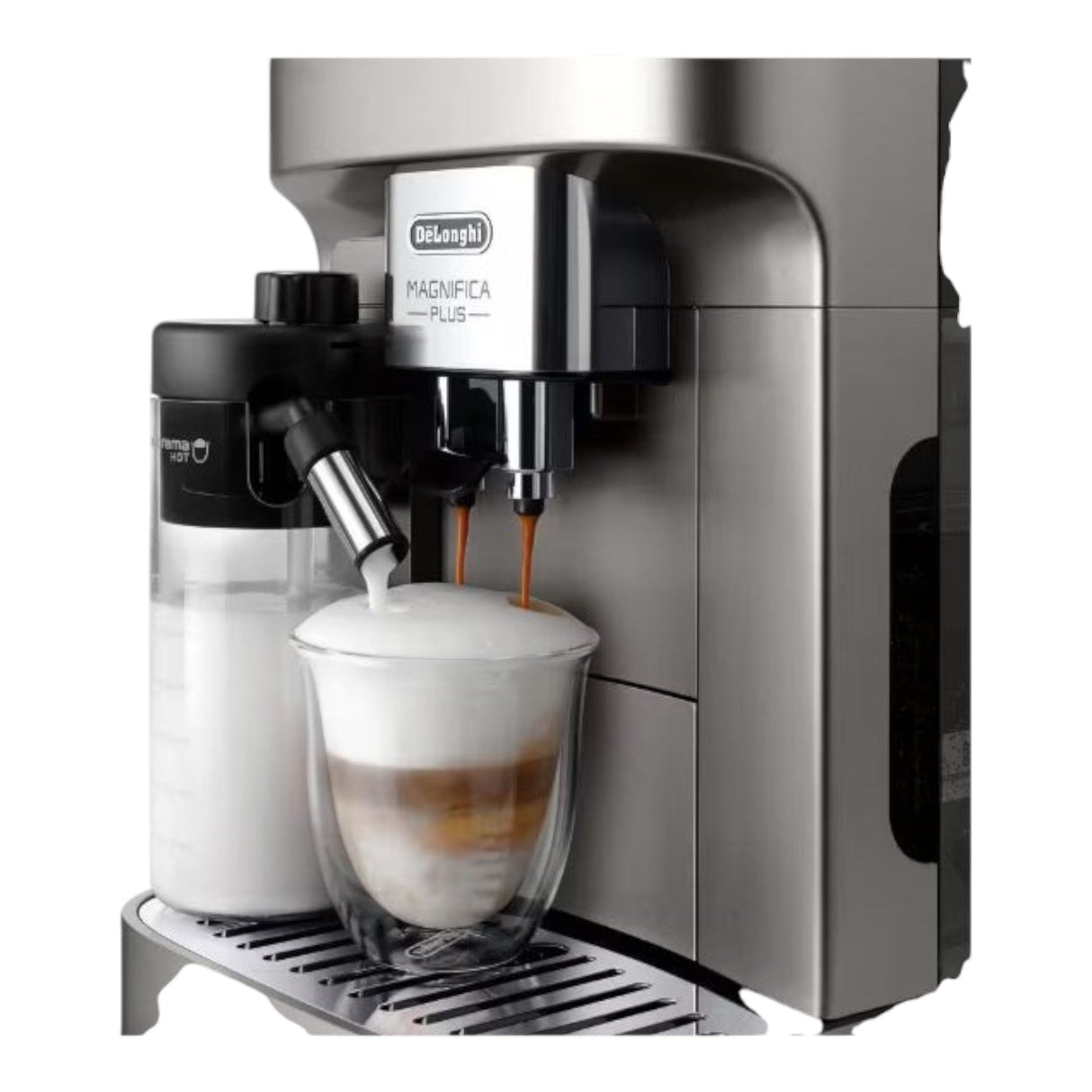 Taghareed De'Longhi Magnifica Evo fully automatic coffee machine making a latte with frothy milk and espresso in a glass.