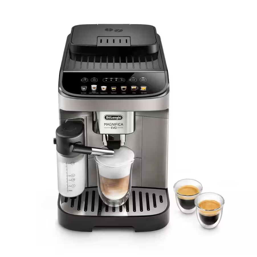 Taghareed De'Longhi Magnifica Evo automatic coffee machine in silver and black, making a latte macchiato with frothy milk and espresso.
