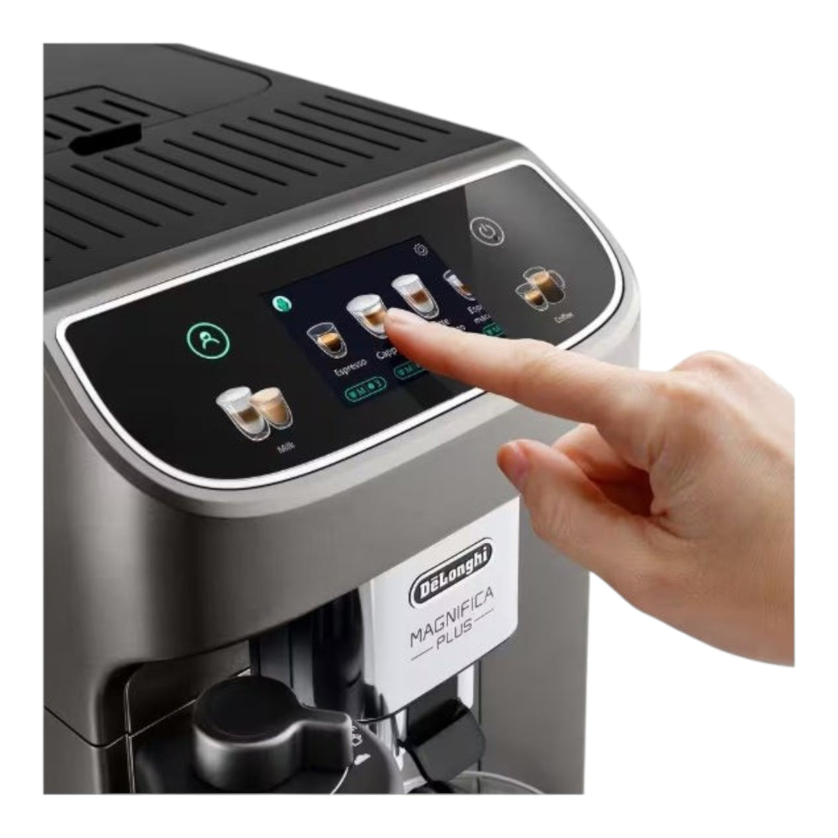 Taghareed De'Longhi Magnifica Evo fully automatic coffee machine with a touchscreen interface, showing coffee options.