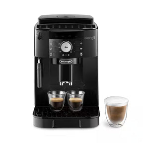 Taghareed De'Longhi Magnifica S compact black automatic coffee machine with manual cappuccino system and integrated grinder.