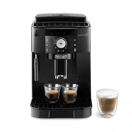 Taghareed De'Longhi Magnifica S compact black automatic coffee machine with manual cappuccino system and integrated grinder.