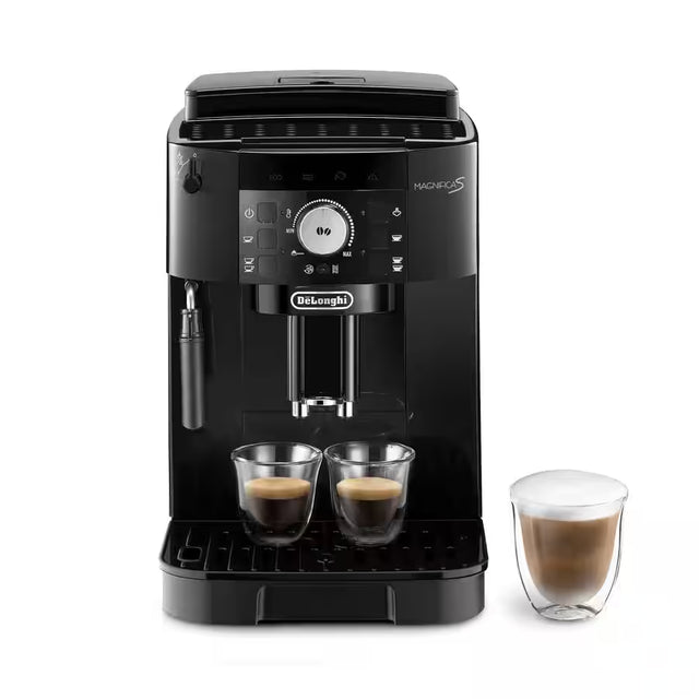 Taghareed De'Longhi Magnifica S compact black automatic coffee machine with manual cappuccino system and integrated grinder.