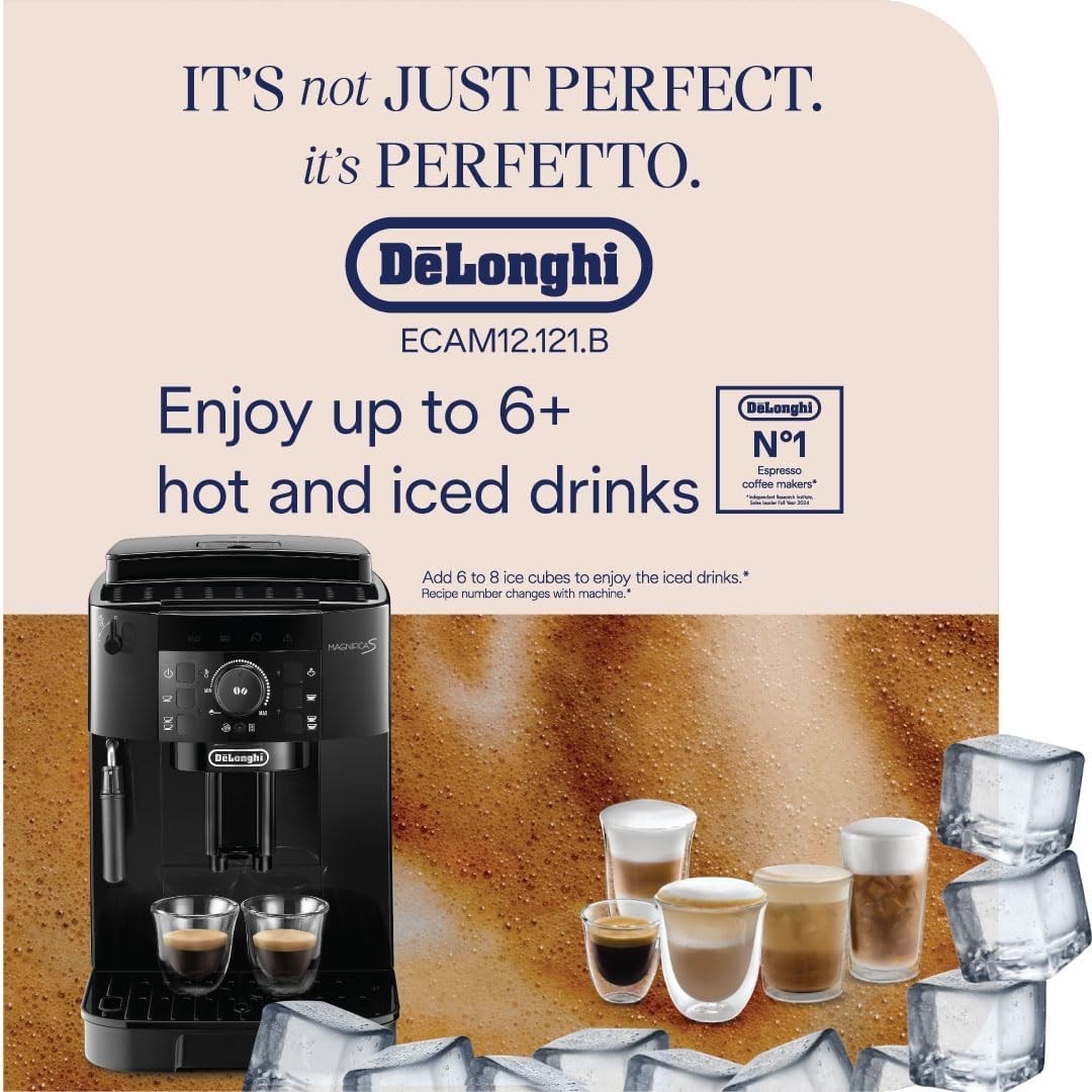 Taghareed De'Longhi Magnifica S compact black automatic coffee machine with built-in grinder and steam wand.