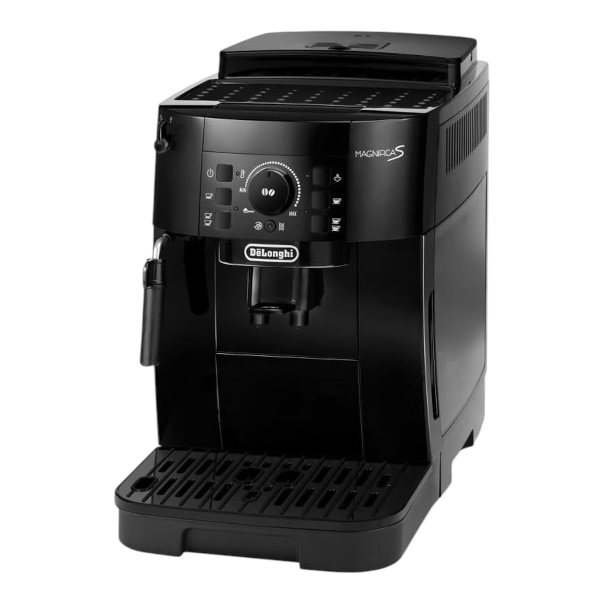 Taghareed De'Longhi Magnifica S black compact automatic coffee machine with manual steam wand and easy-to-use control panel.