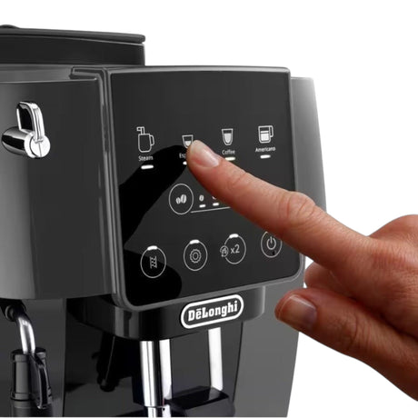 Taghareed De’Longhi Magnifica Start coffee machine with touch controls for espresso, coffee, and americano. Features steam wand.