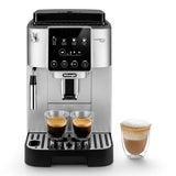 Taghareed De'Longhi Magnifica Start automatic coffee machine in silver and black with touch screen, brewing two espressos and a latte.