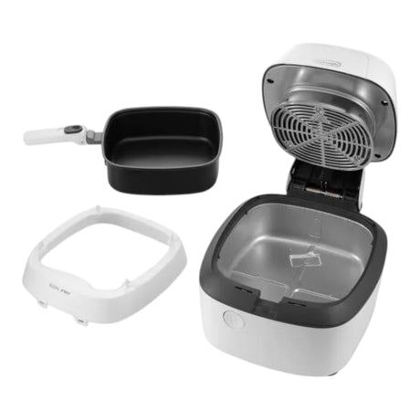 Taghareed De'Longhi MultiFry One Air Fryer & Multi-cooker FH2101/1.W, white and black, with removable pan and accessory.
