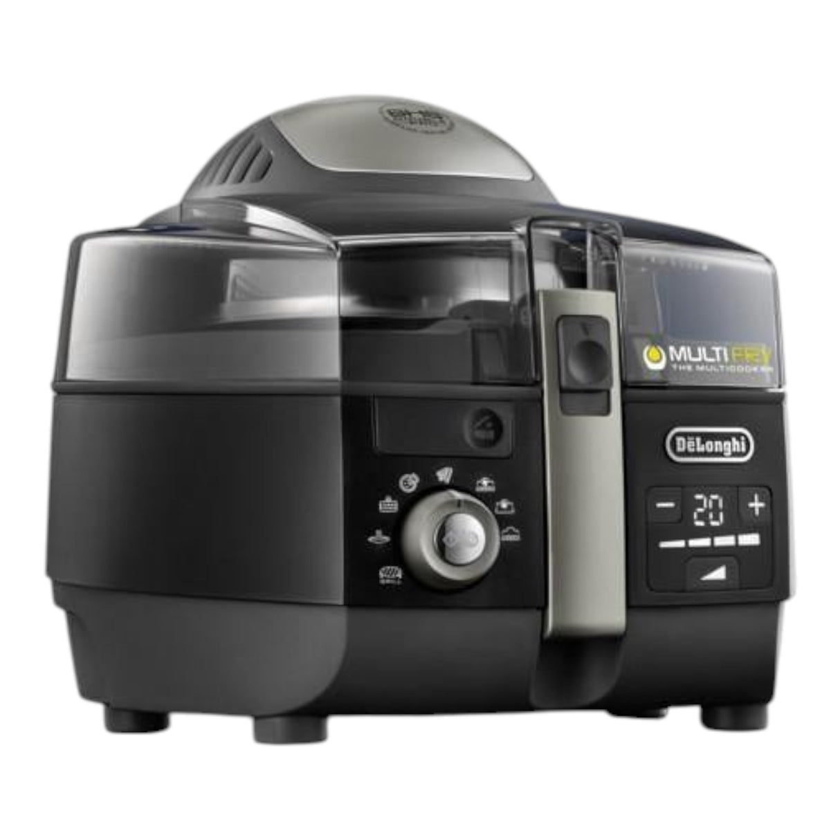 Taghareed De'Longhi MultiFry Extra Chef FH1396 air fryer and multi-cooker with digital display and removable paddle, black and silver.