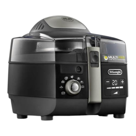Taghareed De'Longhi MultiFry Extra Chef FH1396 air fryer and multi-cooker with digital display and removable paddle, black and silver.